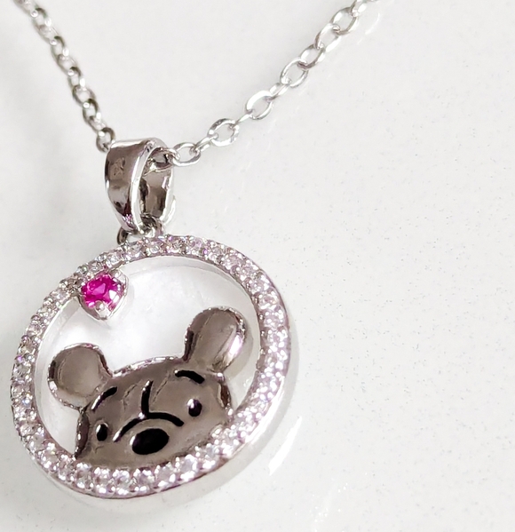 Silver Winnie the Pooh Crystal Halo Necklace Pink Heart Edition - Picture 5 of 8